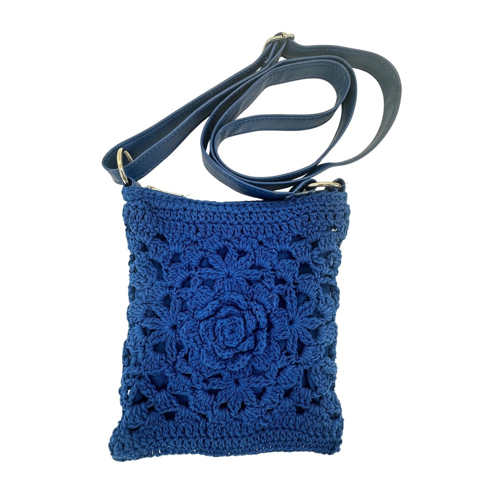 Royal Blue Crochet Floral Crossbody Bag Boho Rose Knit Shoulder Purse Small
